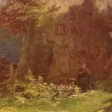 Scena z obrazu przypomina dziady 4 streszczenie: pustelnik siedzi przy drzewie, obok kwitnące kwiaty, w oddali widać sarnę.