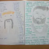Rysunek przedstawia dwie postacie z listami cech charakteru. Jedna z nich to **rejent z zemsty**, otoczony słowami opisującymi jego cechy.