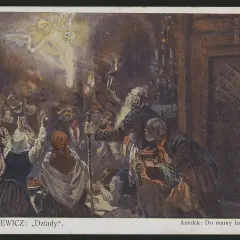 Scena z "Dziadów" cz. III: tłum ludzi wznosi ręce ku aniołkowi, który mówi "Do mamy lecim, do mamy".