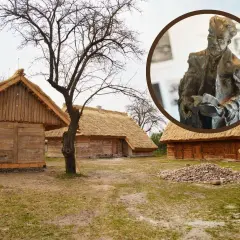 Chłopi miejsce akcji: drewniane chaty kryte strzechą i pomnik mężczyzny z książką.