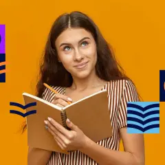 Młoda kobieta z zeszytem i długopisem zastanawia się nad kontekstem. Graficzne elementy symbolizują różne aspekty nauki i rozwoju.