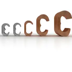 Rząd liter C, od małych metalowych do dużych miedzianych, symbolizuje różne rozmiary tulei.