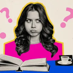 Zamyślona dziewczyna z rozdziałką, otoczona znakami zapytania. Czy to trudna lektura, czy może rozterki ludziom czy ludziom?