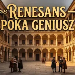 Renesans – epoka geniuszy. Włoskie dziedzińce, ludzie w strojach z epoki, dyskutujący o sztuce i nauce.