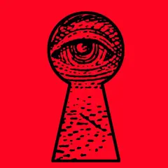Oko w dziurce od klucza na czerwonym tle symbolizuje czujność i potrzebę zachowania wolności w państwie totalitarnym.