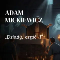 Scena z "Dziady cz. II" Adama Mickiewicza: obrzęd przywoływania duchów w mrocznej izbie, z płonącymi pochodniami i widmami.