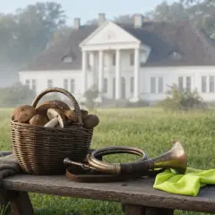 Koszyk grzybów i róg myśliwski na ławce przed dworem. Scena jak z "Pana Tadeusza", księga 2, zapowiada jesienne polowanie.