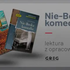 Okładki "Nie-Boskiej komedii" Zygmunta Krasińskiego, lektury z opracowaniem. Bohaterowie dramatu na tle epickich scen.