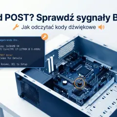 Błąd POST? Jak odczytać sygnały BIOS. Na ekranie komunikat o błędzie, obok płyta główna komputera.