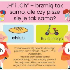 Chleb i hulajnoga brzmią podobnie, ale czy pisze się je tak samo? Obrazek wyjaśnia różnice między "h" a "ch".