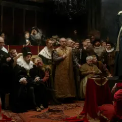 Kazania sejmowe streszczenie: malowidło przedstawia historyczną scenę z udziałem duchownych i szlachty, gdzie jeden z mówców wygłasza płomienne przemówienie.