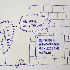 Postać z chmurką myśli "Nie wiem, co z tym nie..." stoi przed murem z napisem "Niepalenie, niewchodzenie, nieniszczenie, niepicie". Czy to wszystko razem, czy osobno?