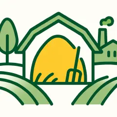 Stylizowana grafika przedstawia wieś, gdzie widać stodołę z żółtym stogiem siana i widłami. Obok stoi mały domek z kominem, a wokół zielone pola. To symbol kołchozu, czyli wspólnej pracy na roli.