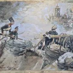 Sowiński w okopach woli, walczy z artylerią. Żołnierze w historycznych strojach, dym i zniszczenia.