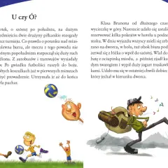 Ilustracja do dyktanda dla klasy 4. Dzieci grają w piłkę nożną, a chłopiec z plecakiem spieszy na wycieczkę.