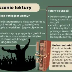 Ilustracja przedstawia fragmenty tekstu o znaczeniu lektury "Potop", który ukazuje kluczowy okres w historii Polski.