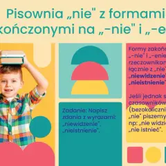 Chłopiec z książkami na głowie rozwiązuje zadanie z polskiego. Pisownia "nie" z formami zakończonymi na "-nie" i "-enie" to nie lada wyzwanie.