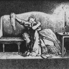 Kobieta w objęciach, przy świecach, symbolizuje irracjonalizm w romantyzmie, gdzie emocje i wyobraźnia dominują nad rozumem.
