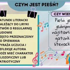 Cechy gatunkowe pieśni: liryka, regularna budowa, śpiewność, wyrażanie uczuć, filozoficzny lub patriotyczny charakter.