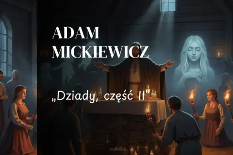 Scena z "Dziady cz. II" Adama Mickiewicza: obrzęd przywoływania duchów w mrocznej izbie, z płonącymi pochodniami i widmami.