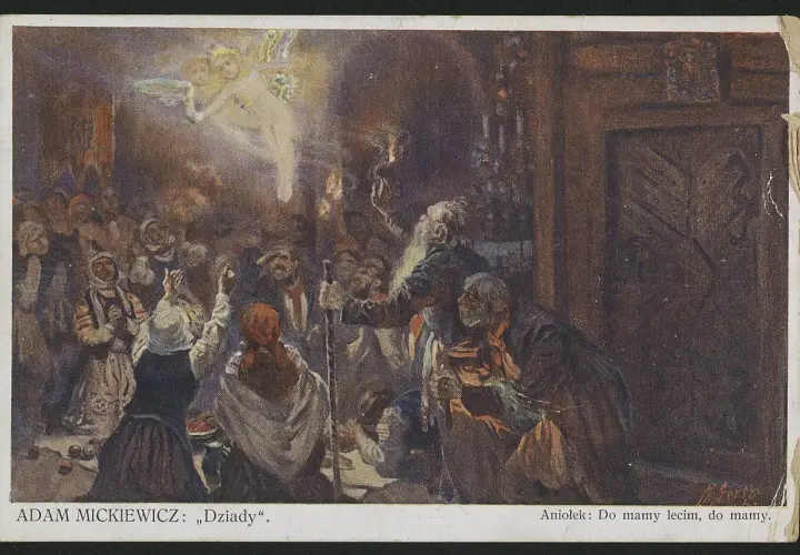Scena z "Dziadów" cz. III: tłum ludzi wznosi ręce ku aniołkowi, który mówi "Do mamy lecim, do mamy".