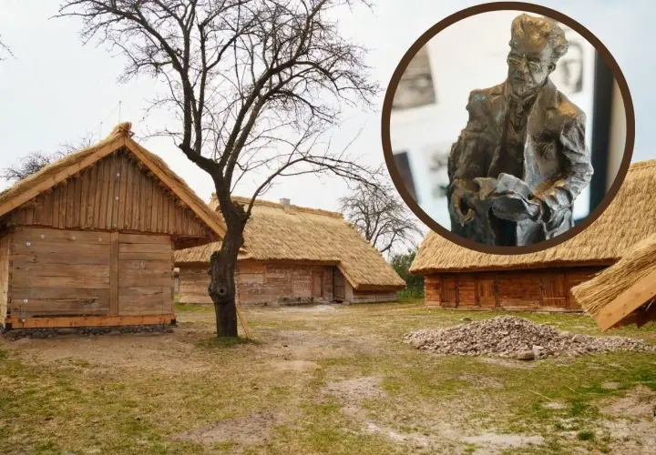 Chłopi miejsce akcji: drewniane chaty kryte strzechą i pomnik mężczyzny z książką.
