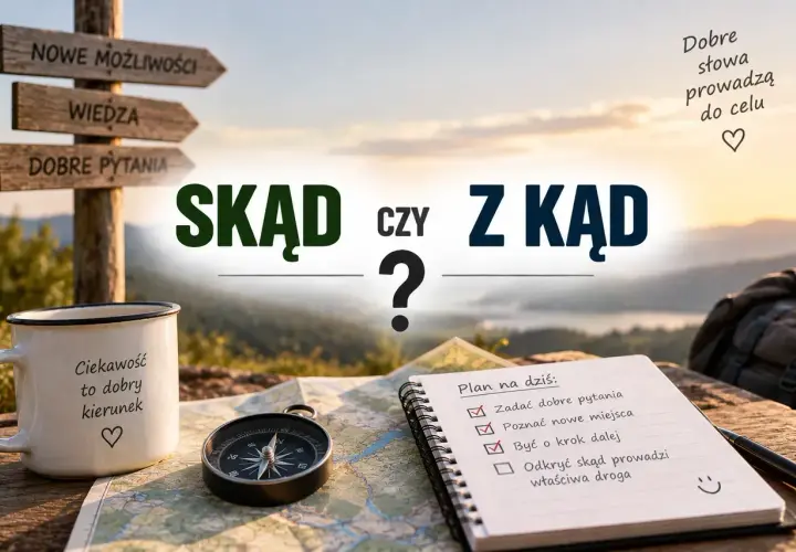 Droga do celu zaczyna się od pytań: SKĄD czy Z KĄD? Kompas, mapa i notatnik z planem dnia sugerują podróż pełną odkryć.