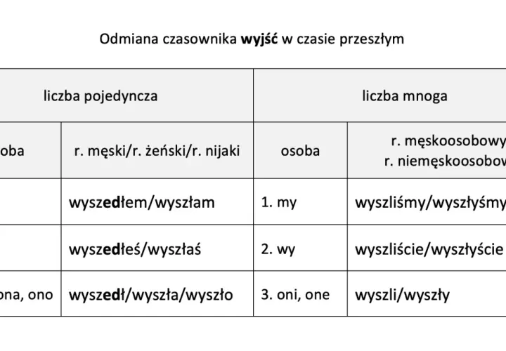 Tabela odmiany czasownika "wyjść" w czasie przeszłym. Pokazuje, czy poszedłeś, czy poszłaś, czy wyszliśmy, czy wyszłyśmy.
