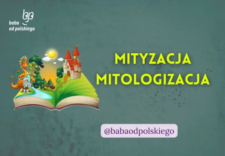 Otwarta księga z baśniową krainą: smok, rycerz, zamek. Tekst: "Mityzacja Mitologizacja". Baba od polskiego.