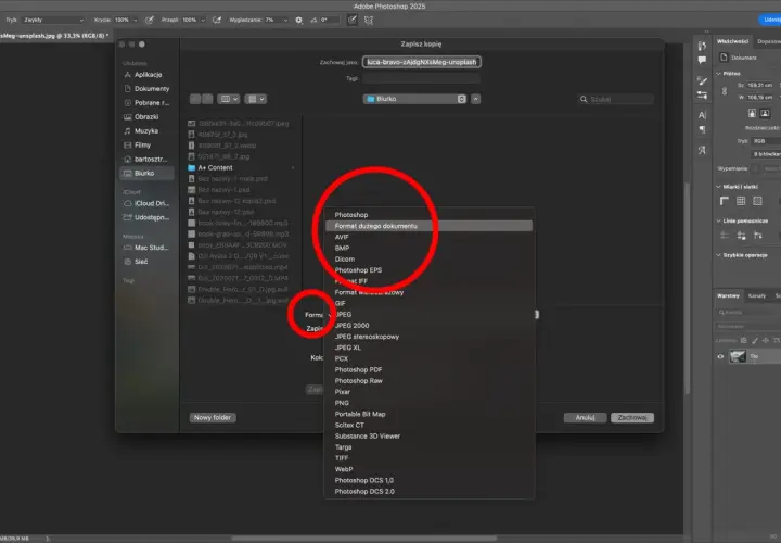Wybieranie formatu "Format dużego dokumentu" w Photoshopie, jak post scriptum skrót do zapisania pliku.