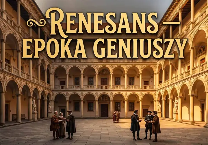 Renesans – epoka geniuszy. Włoskie dziedzińce, ludzie w strojach z epoki, dyskutujący o sztuce i nauce.