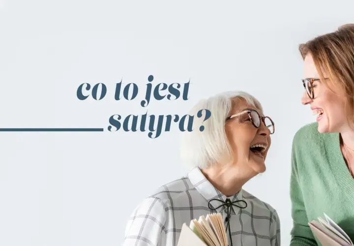 Dwie kobiety śmieją się, trzymając książki. Na ekranie widnieje napis "co to jest satyra?".