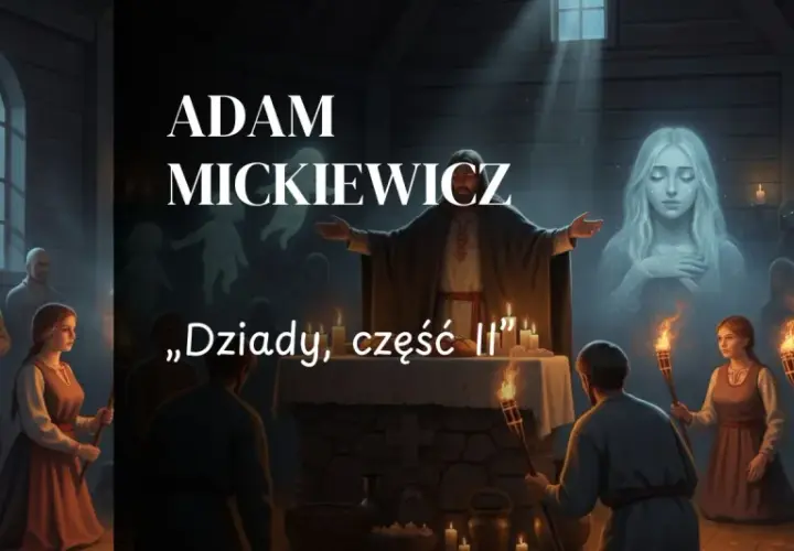 Scena z "Dziady cz. II" Adama Mickiewicza: obrzęd przywoływania duchów w mrocznej izbie, z płonącymi pochodniami i widmami.