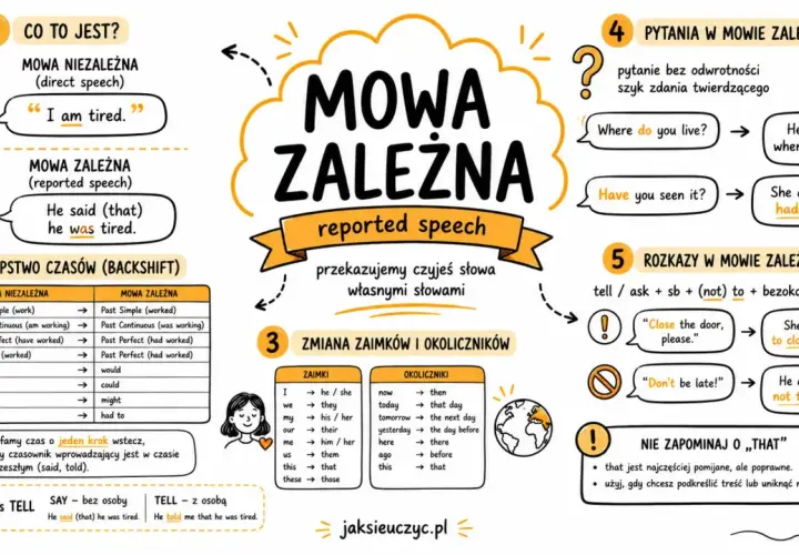 Mowa zależna (reported speech) wyjaśnia, jak przekazujemy czyjeś słowa. Zobacz, jak zmieniają się czasy, zaimki i okoliczniki, też czy tesz, gdy mówimy o tym, co ktoś powiedział.