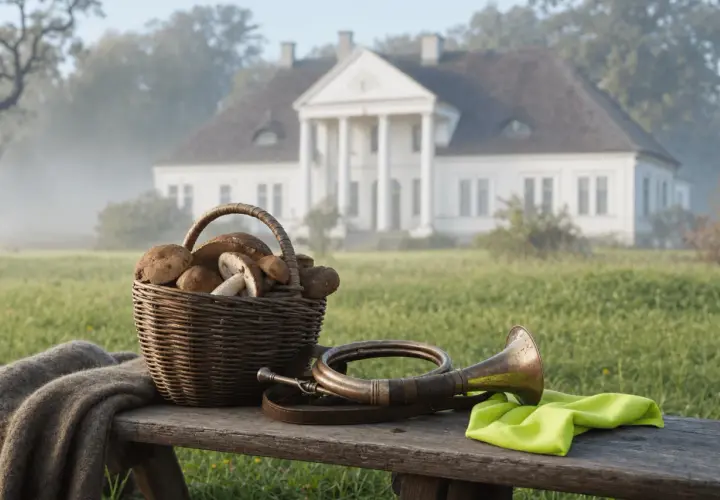 Koszyk grzybów i róg myśliwski na ławce przed dworem. Scena jak z "Pana Tadeusza", księga 2, zapowiada jesienne polowanie.