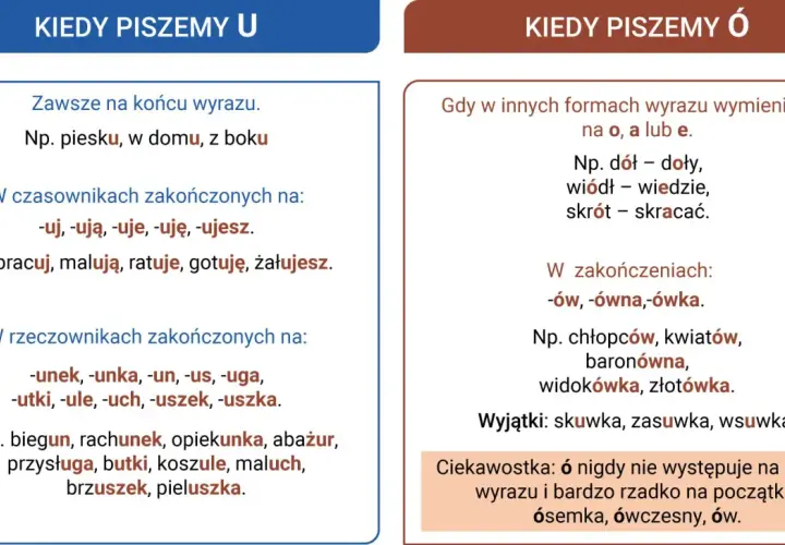 Zasady pisowni "u" i "ó". "Ó" rzadko występuje na końcu wyrazu, "u" często, np. w rzeczownikach zakończonych na -uch, -uszek.