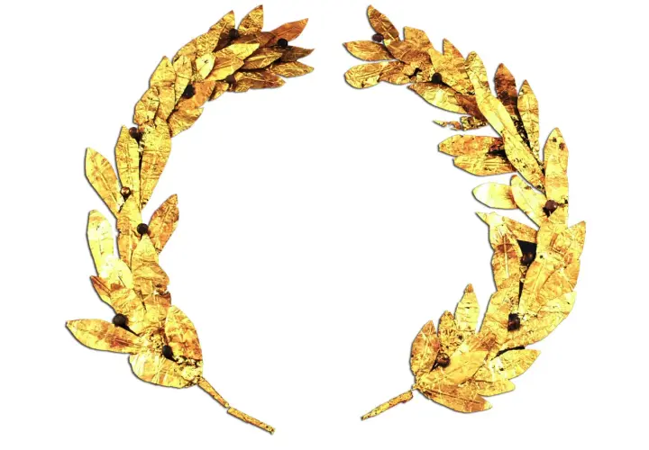 Złoty wieniec laurowy, symbol triumfu i natchnienia. Poeta prosi Apollina o inspirację, by stworzyć dzieło godne wiecznej chwały.