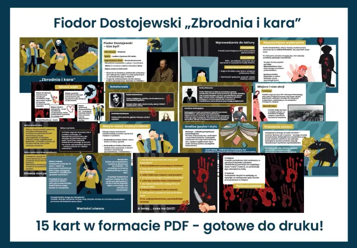 Plan wydarzeń "Zbrodni i kary" Dostojewskiego: od zbrodni Raskolnikowa, przez jego walkę z sumieniem, po odkupienie dzięki Soni.