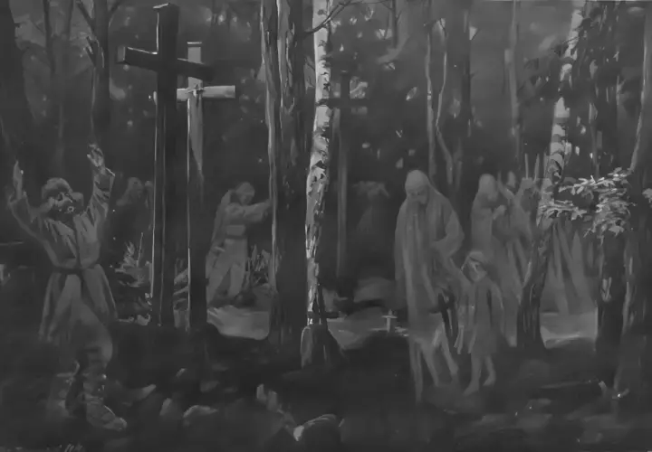 Mroczny las, krzyże, postacie w długich szatach i dziecko. Scena przypomina "mała improwizacja dziady 3".