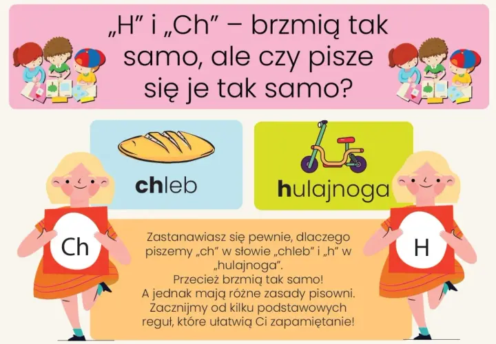 Chleb i hulajnoga brzmią podobnie, ale czy pisze się je tak samo? Obrazek wyjaśnia różnice między "h" a "ch".