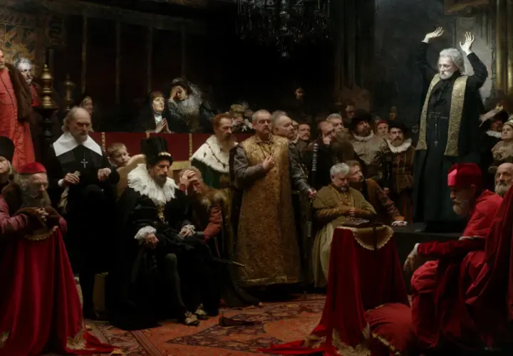 Kazania sejmowe streszczenie: malowidło przedstawia historyczną scenę z udziałem duchownych i szlachty, gdzie jeden z mówców wygłasza płomienne przemówienie.