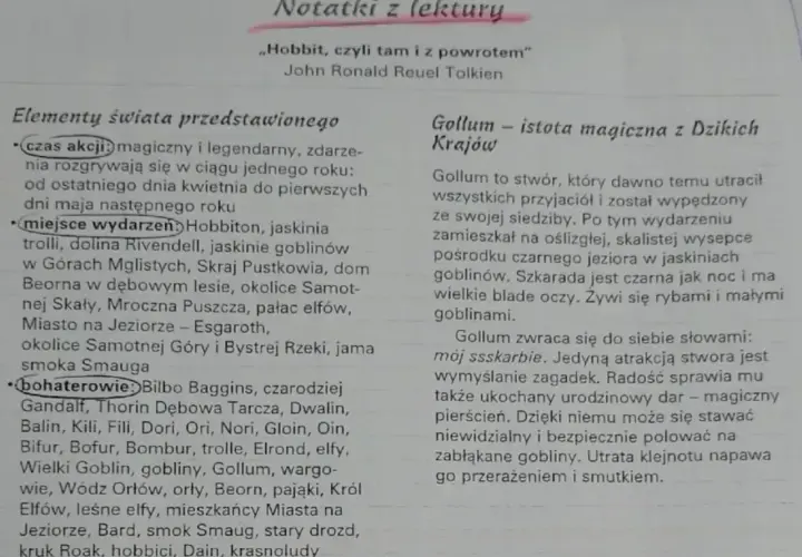 Notatki z lektury "Hobbit, czyli tam i z powrotem". Opis Golluma, jego pochodzenia i cech.