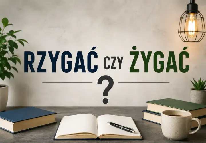 Biurko z książkami, notatnikiem i kawą. Napis: "Rzygać czy żygać?". Dylemat językowy.