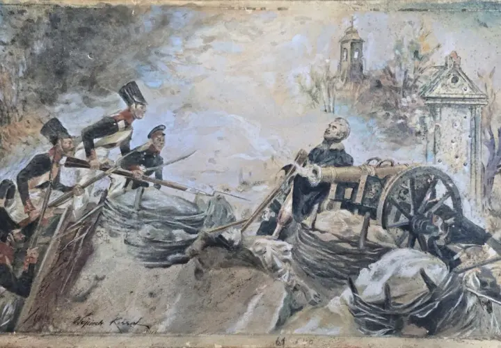 Sowiński w okopach woli, walczy z artylerią. Żołnierze w historycznych strojach, dym i zniszczenia.