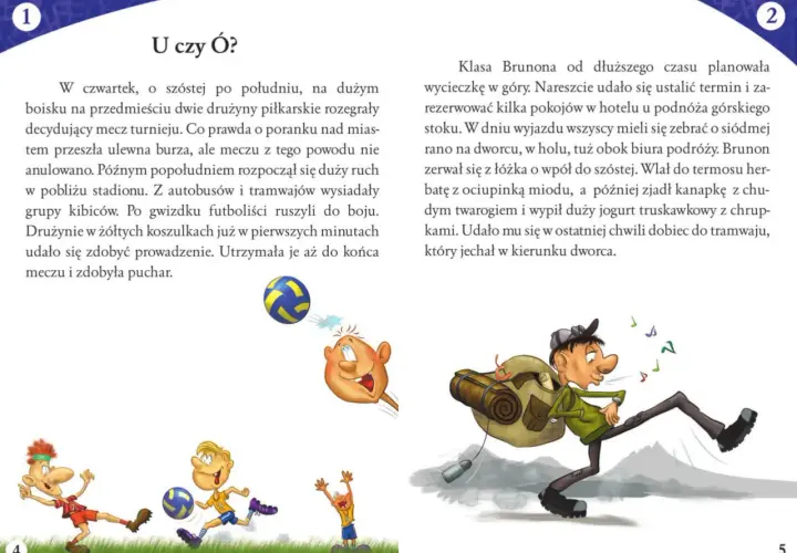 Ilustracja do dyktanda dla klasy 4. Dzieci grają w piłkę nożną, a chłopiec z plecakiem spieszy na wycieczkę.