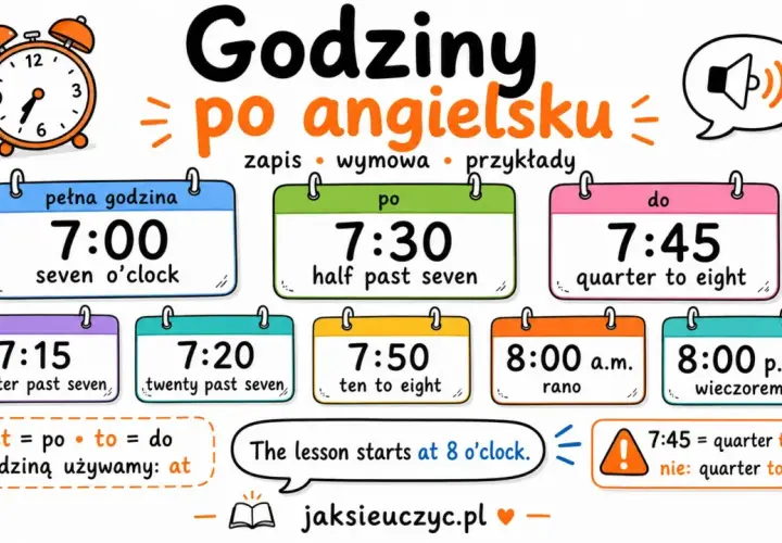 Lekcja zaczyna się o 8:00, czyli "at 8 o'clock". Obrazek pokazuje, jak mówić godziny po angielsku, np. "seven o'clock", "half past seven", "quarter to eight".