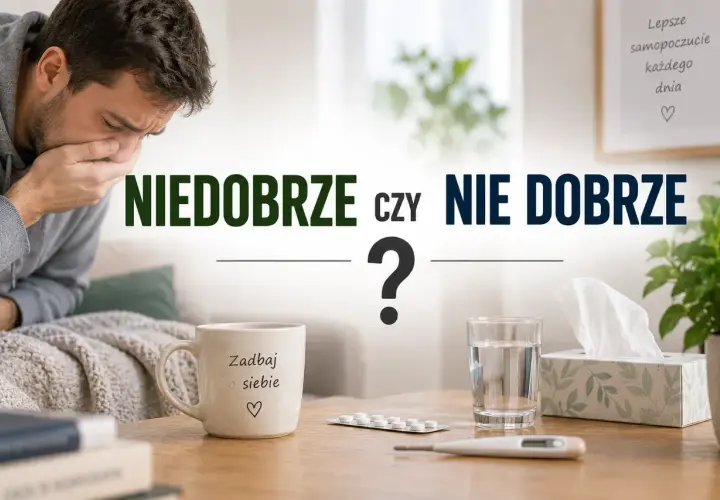 Chory mężczyzna kaszle, obok kubek "Zadbaj o siebie", leki i termometr. Czy to niedobrze, czy nie dobrze?