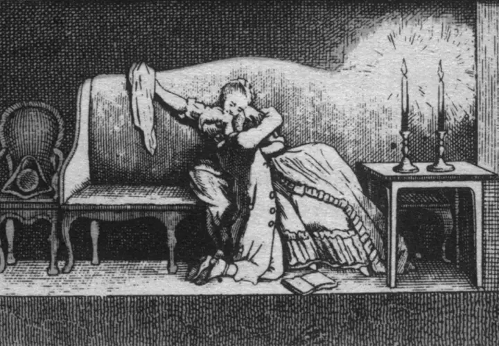 Kobieta w objęciach, przy świecach, symbolizuje irracjonalizm w romantyzmie, gdzie emocje i wyobraźnia dominują nad rozumem.