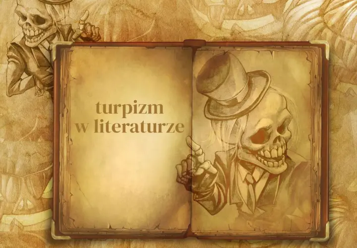 Otwarta księga z napisem "turpizm w literaturze". Po prawej szkic szkieletu w cylindrze i garniturze, wskazującego palcem.