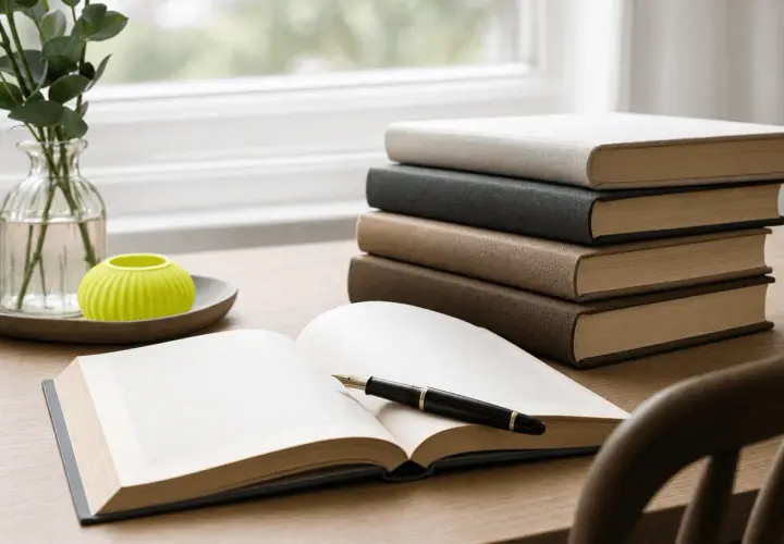 Stos książek i otwarta księga z piórem na biurku. Przygotowania do polskiej matury 2026.